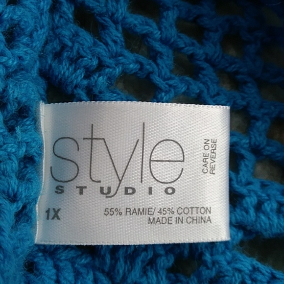Style Studio Crochet Open Weave Cardigan Sweater 1X Blue - Picture 2 of 13